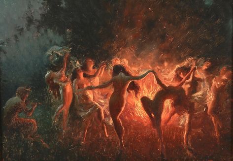 Lot - Joseph Tomanek (American, 1889-1974), Fire dance, oil on artists board, 9 1/2 x 13 1/2in (24 x 34.5cm) Joseph Tomanek, Witch Painting, Fire Painting, Pre Raphaelite, Historical Art, Ethereal Art, Classical Art, Sacred Art, Old Art