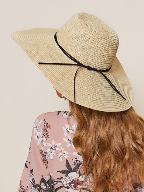 Beige Boho     Straw Hat Embellished  Spring/Summer Women Accessories Wide Brim Straw Hat, Floppy Sun Hats, Beige Boho, Wide Brim Sun Hat, Beige Style, Stylish Hats, Cute Hats, Fashion Gallery, Black Ribbon