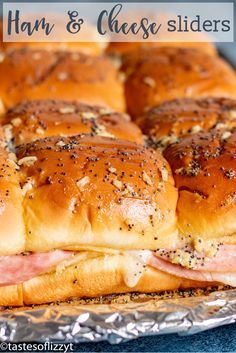 These easy ham and cheese sliders are the ultimate in party sandwiches! Savory ham and cheese on a Hawaiian bun with a baked in buttery drizzle. #picnic #party #sandwiches #ham #leftoverham Hawaiian Bread Sliders, Easy Ham And Cheese Sliders, Sliders Recipes Hawaiian Rolls, Hawaiian Buns, Ham Cheese Sliders, Baked Sandwiches, Ham And Cheese Sliders, Rolled Sandwiches, Slider Sandwiches