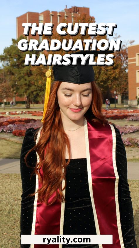 these are literally the prettiest graduation day hairstyles I've ever seen Long Graduation Hair, Hair For Graduation Cap Hairstyles, Hair Styles For Long Hair Graduation, College Graduation Hair, Graduation Cap Hairstyles For Long Hair, Easy Graduation Hairstyles With Cap, Graduation Hair Ideas Grad Cap, Graduation Hat Hairstyles, Graduation Hairstyles With Cap Medium