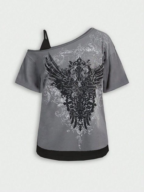 Punk Model Wing Sample Print With Rhinestones Unfastened Off-Shoulder Ladies's T-Shirt- #loose #OffShoulder #Pattern #print #Punk #rhinestones #style #TShirt #WING #Womens Check more at https://howcandothis.com/womenstyle/punk-model-wing-sample-print-with-rhinestones-unfastened-off-shoulder-ladiess-t-shirt/ Styl Grunge, One Shoulder Shirt, Music Festival Outfit, T Shirt Oversize, Estilo Punk, Style Punk, Loose Shirts, Kids Sleepwear, Festival Outfit