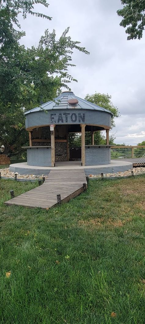 Binzebo, Grain Bin Repurposing | Our Grain Bin Gazebo in ND. | Facebook Grain Bin Ideas, Grain Bin Gazebo, Bin Gazebo, Bin House, Grain Bin House, Deck Remodel, Homestead Farm, Outdoor Gazebos, Diy Backyard Landscaping