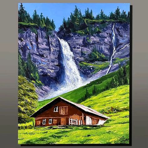 Waterfall Acrylic Painting, Switzerland Painting, Drawing Arts, Waterfall Paintings, Watercolor Art Landscape, Artwork Acrylic, Pen Art Drawings, Flower Painting Canvas, Lake Art