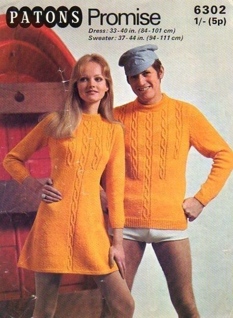 13 Hilarious Vintage Patterns for Couples Matching Sweaters, Vintage Mens Fashion, Vintage Knitting Patterns, Clipuri Video, 1970s Fashion, 70s Dress, Sweater Knitting Patterns, Couple Outfits, Mellow Yellow