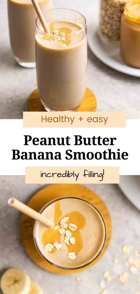 Creamy and thick, this peanut butter banana oatmeal smoothie is the perfect recipe to start your day with! An easy recipe that is easy to throw together and ready in 5 minutes. It is excellent as a breakfast or midday snack. Peanut Butter Banana Smoothie Healthy, Peanut Butter Powder Smoothie, Healthy Peanut Butter Recipes, Peanut Butter Banana Oatmeal, High Protein Smoothie Recipes, Smoothie Without Banana, Banana Oatmeal Smoothie, Cinnamon Smoothie, Oatmeal Smoothie