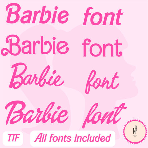 Free Barbie Font For Cricut, Barbie Themed Graphic Design, Diy Barbie Invitations, Barbie Cricut Ideas, Barbie Birthday Party Cricut, Barbie Diy Decorations Party, Barbie Letters Free Printable, Barbie Birthday Card Diy, Barbie Font Canva