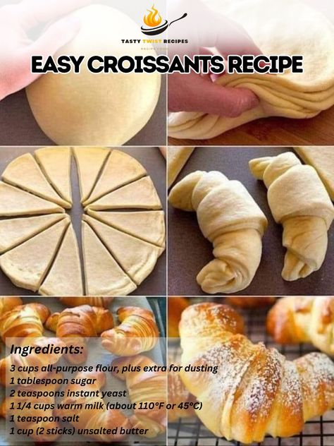 Making croissants from scratch can be a bit of a process, but this simplified recipe aims to make it more accessible while still delivering the buttery, flaky goodness you crave. For those who love the art of baking, taking on croissants can be a rewarding endeavor. Let's get started! Easy Croissants Recipe 🥐 Enjoy the delightful layers of these homemade croissants, a simplified version that brings Parisian charm to your kitchen. Ingredients: 3 cups all-purpose flour, plus extra for dusti... Diy Chocolate Croissant, Cool Baked Goods, Homemade Crissonts Recipe, Homemade Crossiant Rolls, Diy Croissants Recipes, Crosaint Recipes Easy, Easy Croissant Recipe 3 Ingredients, Glazed Croissants Recipe, Homemade Croissants Recipe