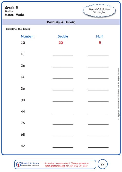 Class 5th Math Worksheet, Halves Worksheets Grade 1, Doubling And Halving Activities, Math Revision, Math Worksheets For Grade 1, Doubling And Halving, Grade 5 Math, Math Doubles, Grade 5 Math Worksheets