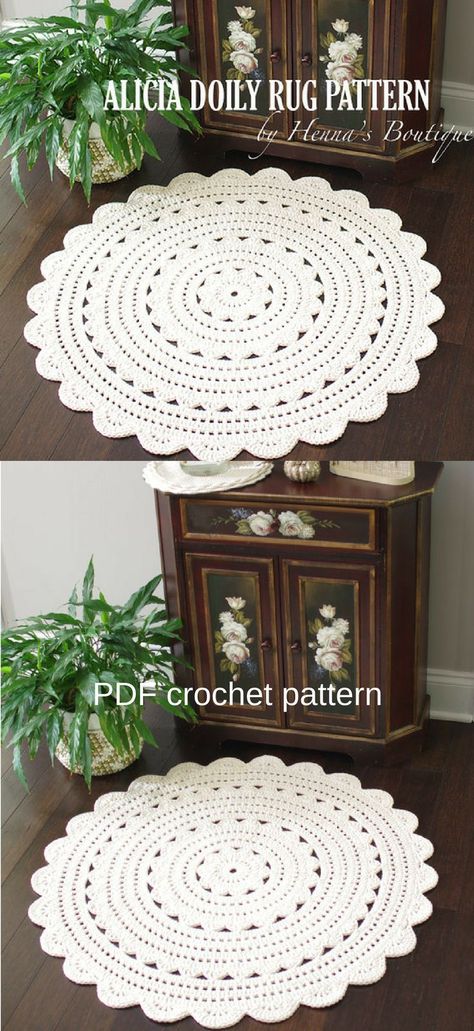 Beautiful crocheted rug pattern. These doily rugs look so cute! Love them! Make it yourself! Rug Crochet Pattern, Crochet Rug Patterns Free, Crochet Doily Rug, Kitchen Crochet, Rug Crochet, Doily Rug, Crochet Storage Baskets, Crochet Mat, Popular Crochet