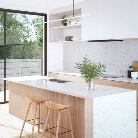 White Kitchen With Timber Accents, Modern Timber Kitchen, White And Timber Kitchens, Timber White Kitchen, White And Timber Kitchen Modern, Abi Interiors Kitchen, Small Marble Kitchen, White Kitchen And Wood, White Timber Kitchen