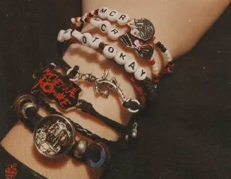 My everyday bracelets, mostly MCR but of course I snuck in some Green Day Mcr Jewelry, Emo Friendship Bracelets, Mcr Bracelet, Everyday Bracelets, Emo Jewelry, Band Bracelets, Kandi Kid, Bracelets Ideas, Embroidery Bracelets