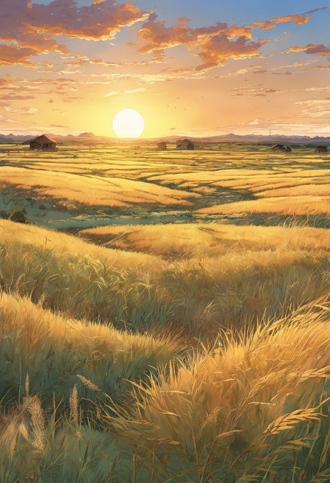 A serene prairie landscape illuminated by the warm glow of a sunset, with a bountiful field of grass swaying gently in the summer breeze grass, landscape, outdoor, sky, cloud, plant, prairie, agriculture, meadow, grassland, horizon, plain, crop, sunrise, steppe, ecoregion, savanna, harvest, field, sunset, nature, sun, summer, serene, golden, picturesque, tranquil, breathtaking, vibrant, vast, rural, idyllic, panoramic, ethereal, radiant, aweinspiring, untouched, majestic, evocative, peaceful, ve Sunset Over A Field, Golden Grass Field, Golden Field Painting, Fantasy Field Landscape, Plains Aesthetic, Sunset Grass Field, Field Sunset Painting, Yellow Grass Field, Grassland Aesthetic