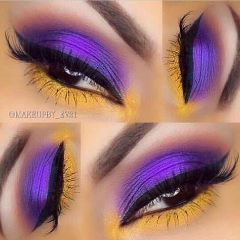 #bbBabe #beautybridge #makeup #mua #eyeshadow #lipstick #beauty  beautybridge.com Lakers Makeup Ideas, Lakers Makeup, Lakers Nails, Lila Make-up, Christmas Eye Makeup, Makeup 2018, Yellow Makeup, Yellow Eyeshadow, Colored Hair Tips