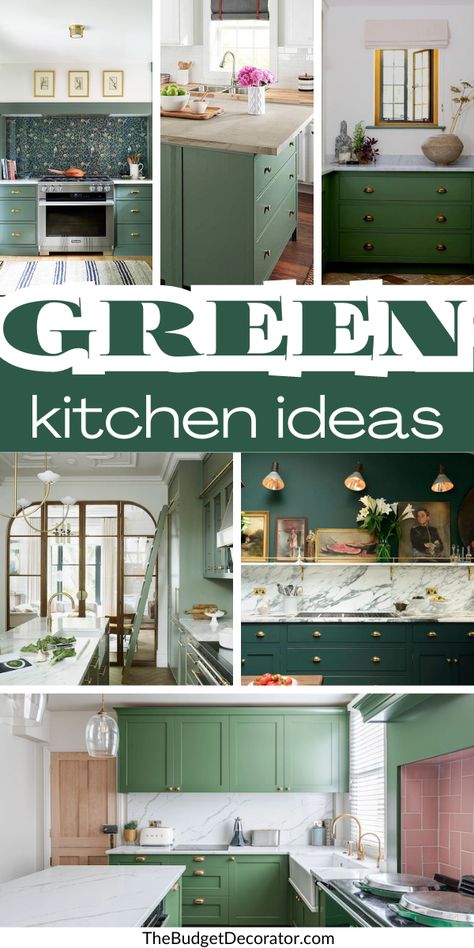 Best Backsplash For Sage Green Cabinets, Green Cabinets With White Backsplash, Backsplash For Green Kitchen, Green Cabinet Backsplash, Kitchen Cabinet Green Color Ideas, Green Cabinet Kitchen Ideas, Backsplash Ideas For Green Cabinets, Green Cabinets Backsplash Ideas, Green And White Backsplash