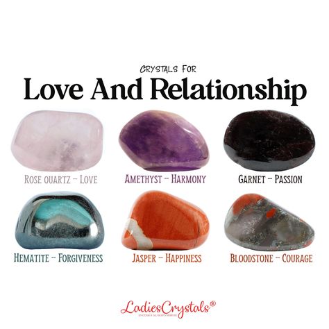 This is a love and relationship crystal set of 6 crystals. Rose quartz, amethyst, garnet, hematite, jasper and bloodstone.  The love and relationship set includes: ☆ 6 crystals are listed above with sizes 2 - 2,5 cm. ☆ Glossy Information card with the properties of crystals. ☆ Velvet bag for your stones. ☆ Gift card (optional). ☆ Everything is packed in a small elegant box with a ribbon ready to be given as a gift. ☆ CRYSTALS PROPERTIES ☆ Rose quartz - Love Amethyst - Harmony Garnet - Passion Hematite - Forgiveness Jasper - Happiness Bloodstone - Courage ☆ HOW TO USE ☆ You can use the crystals in whatever way works for you, such as wearing them in your pocket, placing them on your desk or on a windowsill, or simply holding it in your hand every time you need to be reminded of your intentio Love Crystals And Stones, Crystals For Couples, Relationship Crystals, Crystals Love, Birthstones Chart, Crystals Properties, Crystals Rose Quartz, Crystal Healing Chart, Love Crystals