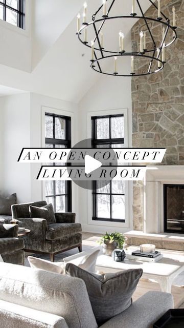 Melissa Manzardo Hryszko on Instagram: "The open-concept living room is flooded with natural light from the large windows that perfectly frame the private views of the towering Aspen and pine trees that surround the home on this acreage.  With vaulted ceilings and a floor-to-ceiling stone fireplace, this space is still incredibly cozy and inviting, especially with the beautifully curated furniture items by @theheathercompany.  #livingroom #livingroomdecor #greatroom #familyroom #dreamhome #housegoals #fireplace #openconcept #openconceptliving #instahome #interiorinspo" Vaulted Ceiling Living Room Open Concept, Veranda Estate Homes, Living Room Elevation, Two Story Fireplace, Vaulted Ceiling Living Room, Lots Of Windows, Open Concept Living Room, Vaulted Ceilings, Building A New Home