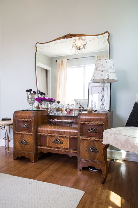 Post Image Vintage Glam Room, Vintage Glam Decor, Vintage Dressing Rooms, Glam Bed, Waterfall Furniture, Waterfall Vanity, Glam Furniture, Antique Vanity, Vintage Dressing Tables