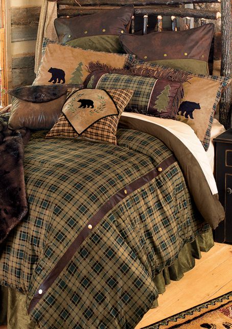 Alpine Bear Log Cabin Bedding Log Cabin Bedding, Cabin Style Bedroom, Cabin Bedding, Rustic Bedding Sets, Log Cabin Style, Bear Bed, Hiasan Bilik Tidur, Cabin Bedroom, Black Forest Decor