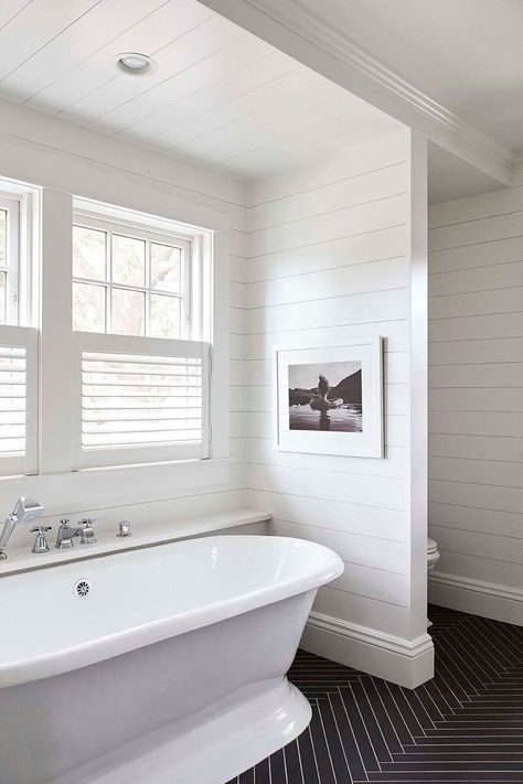 An old house in Minneapolis gets an incredibly stunning makeover Black Herringbone Floor, Cafe Shutters, Ledge Decor, Bathroom Window, Transitional Bathroom, Herringbone Floor, White Bath, Bathroom Windows, Trendy Bathroom