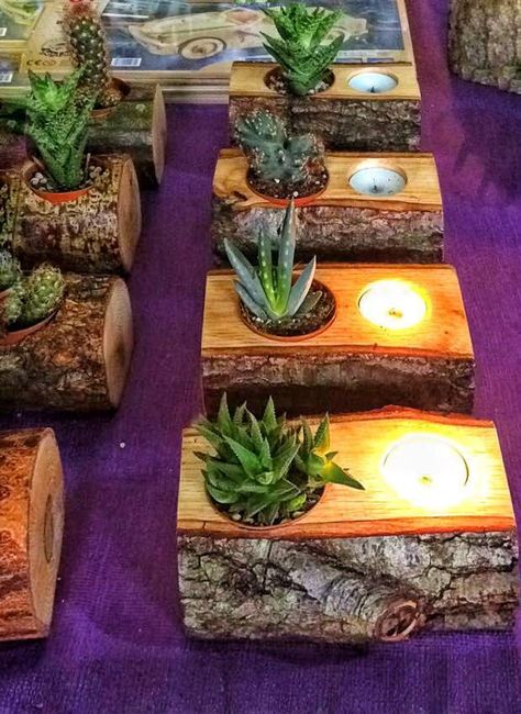 Mebel Antik, Succulents Candles, Jardim Diy, Deco Nature, Rustic Candle Holders, Decoration Plante, Rustic Candles, Wood Candle Holders, घर की सजावट