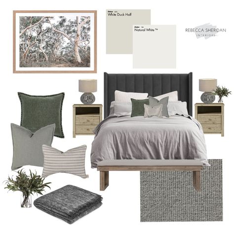 Bedroom Mood Board Gray Bed, Guest Bedroom Dark Grey Headboard, Australian Bedroom Decor, Grey Fabric Bed Bedroom, Charcoal Bed Bedroom Ideas, Bedroom Dark Gray Headboard, Grey Headboard Bedroom Modern, Guest Bedroom Grey Bed, How To Style A Grey Bed Frame