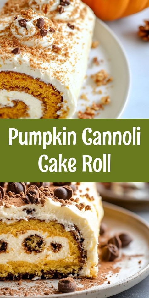 🍂🎃 **Pumpkin Cannoli Cake Roll** 🎃🍂 Indulge in the ultimate fall dessert! This delightful cake roll marries the rich flavors of traditional cannoli with the seasonal charm of pumpkin. Perfect for gatherings or a sweet escape, it surprises guests with its creamy filling and stunning presentation. With a simple prep and bake time, you'll be serving up 8-10 delicious slices of autumn flavor in no time! Dust with powdered sugar and drizzle with chocolate for that extra touch of sweetness. Who’s ready to impress this holiday season? 🍰✨ Pumpkin Cannoli Cake, Pumpkin Cannoli Cake Roll, Cannoli Dessert Ideas, Pumpkin Cannoli, Cannoli Cake Recipe, Cannoli Desserts, Caramel Pecan Pie, Cannoli Cake, Pumpkin Roll Cake