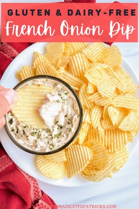 This homemade gluten-free onion dip can be made lactose free or dairy-free, with tasty caramelized onions, too! No spice packets here. #glutenfree #dairyfree #oniondip Dairy Free Dips For Chips, Lactose Free Dips, Gluten Free Chip Dip, Dairy Free Dips Appetizers, Dairy Free Party Dips, Gluten And Dairy Free Dip Recipes, Lactose Free Dip Recipes, Lactose Free Appetizers Easy Recipes, No Dairy Appetizers