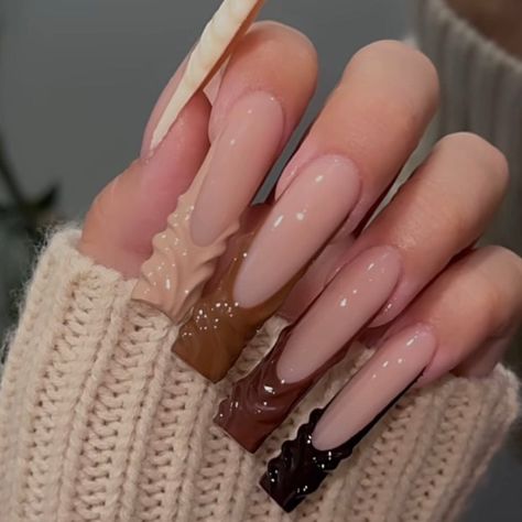 Long press-on coffin nails for a chic autumn look White Nails With Brown French Tip, Long Acrylic Nails Brown Colors, French Nails For Autumn, Fall Sweater Nails Coffin, Brown Fall Sets Nails, Fall Nail Designs Coffin Long, Long Coffin Fall Nails, Burberry French Tip Nails, Nude French Nail Designs