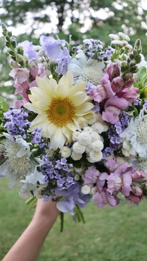 Jenna Meadows | Meadows Flower Farm | There is something about soft blues/lilacs with light yellow. ☺️✨ Garden grown ingredients: Sunflower “White Lite” Snapdragons “Potomac… | Instagram Flowers Wild Wildflowers, Purple Yellow White Wedding Flowers, Snapdragon Flowers Wedding, Wedding Flowers Snapdragons, Lilac Yellow Wedding, Blue Purple Yellow Wedding, Lilac And Light Blue Wedding, Purple And Yellow Wedding Theme, Lilac Flower Arrangements