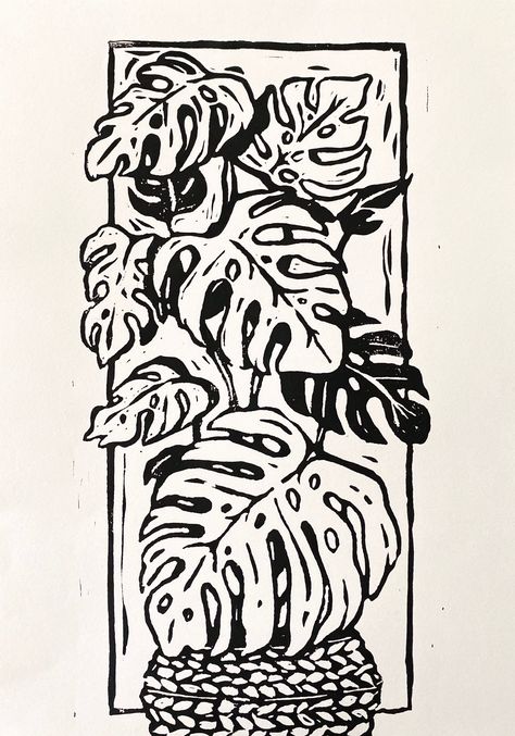 "This was one of my first complete block printing projects and is still one of my favorites. A perfect little tribute to my most beloved houseplant. Prints measure 8\" by 14\" and are made to order." Lino Print Pattern, Print Making Designs, Monstera Print, Saint Simons Island, Lithography Prints, Medieval Tattoo, Art Alevel, Linoleum Block Printing, Lino Art