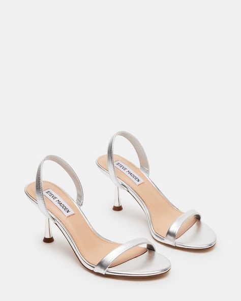 ELMA Silver Leather Slingback Strappy Kitten Heel | Women's Heels – Steve Madden Silver Sandals Heels, Silver Kitten Heels, Silver Strappy Heels, Heels Prom, Steve Madden Store, Kitten Heel Sandals, Silver Sandals, Black Tie Wedding, 3 Inch Heels