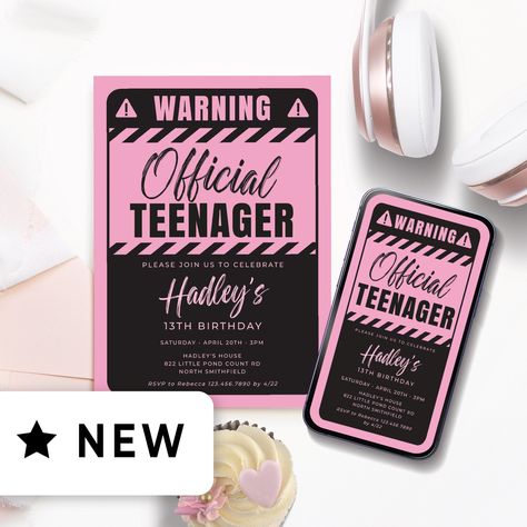 This pretty pink "Warning Official Teenager" 13th birthday party invitation is perfect for inviting friends and family to your upcoming party for your 13 year old birthday girl.   It features a beautiful pink background, clever graphics and is a FUN IDEA for a tween to teen birthday party.  Your birthday girl and guests will LOVE it! This is an editable invitation that you can edit and print yourself.  A DIGITAL EVITE optimized for texting is also included!   It's QUICK AND EASY.  Purchase this invite template then edit and you'll be ready to print or text within minutes. Thank you so much for visiting my store Hooray Land!  If you have any questions or don't see what you are looking for, please send me a message.  I'd be happy to help you find exactly what you are looking for. 😊    HOW D B Day Party Ideas For Girls 13, 13 Birthday Invitation Ideas, 13 Birthday Themes, 13 Year Girl Birthday Party Ideas, 13th Birthday Party Ideas For Girls 13, 13th Birthday Ideas, 13th Birthday Party Ideas For Teens, 13th Birthday Party Ideas, 13th Birthday Party Ideas For Girls