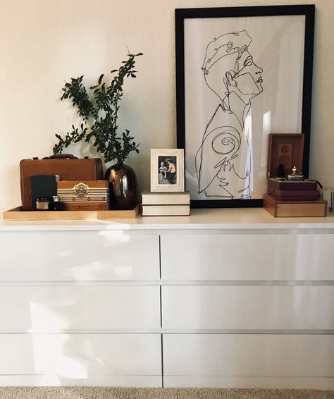 MALM IKEA Dresser Styling Modern, Natural, Ralph Lauren Ikea Malm Dresser Wood, Style Malm Dresser, Ikea Malm Aesthetic, Malm Dresser Styling, Wide Dresser Decor, Ikea Dresser Styling, Malm Drawers Styling, Drawer Chest Decor Ideas, Shelf Over Dresser