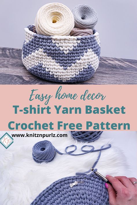 Easy Modern Crochet Storage Basket, Crochet Rug With Tshirt Yarn Free Pattern, Tshirt Yarn Basket Free Pattern, Crochet Basket Pattern Free Tshirt Yarn, Tshirt Yarn Basket Pattern, Tshirt Yarn Patterns, Crochet Projects With Tshirt Yarn, Crochet Basket Tshirt Yarn, Tshirt Yarn Crochet Basket