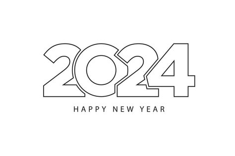 Simple style lines happy new year 2024 black white theme. Vector illustration. Black And White 2024, Happy New Year Minimalist, Happy New Year 2024 Worksheet, Happy New Year 2024 White Background, New Year Coloring Pages 2023, New Year Illustration, New Year Designs, Black And White Theme, Happy New