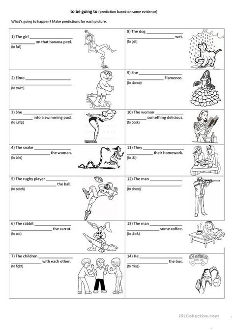 To be going to (prediction) - English ESL Worksheets for distance learning and physical classrooms Making Predictions Worksheet, Esl Worksheets For Beginners, Predicting Activities, Wristband Template, Kindergarten Addition Worksheets, Making Predictions, Map Worksheets, Spelling Worksheets, Have Fun Teaching