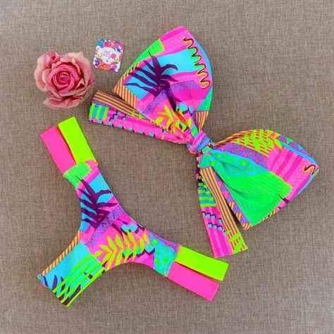 Brazilian Bikini Set In Size Small, Medium, And Large. Color Is As Pictured Neon Swimsuit, Crop Top Swimsuit, Bright Bikinis, Neon Summer, Swimsuits Hot, Swimwear Cover Ups, Swimwear Cover, Spring Style, Color Print