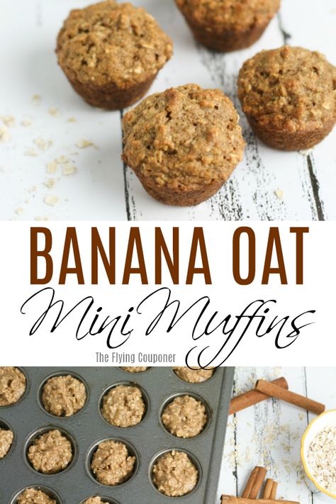 Banana Oat Mini Muffins. This is the best oatmeal banana muffin recipe I have ever made! They are so moist and easy to make! Healthy breakfast ideas and recipes. The Flying Couponer #muffin #healthybreakfast #bananamuffins #healthyrecipe #minimuffins Banana Oat Mini Muffins, Mini Oat Muffins, Banana Mini Muffins Healthy, Toddler Banana Oatmeal Muffins, Blw Mini Muffins, Mini Banana Oatmeal Muffins, Banana Oat Muffins For Baby, Mini Banana Muffins Toddler, Mini Banana Muffins Healthy