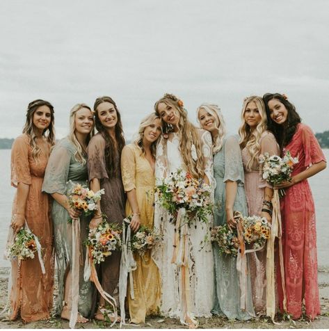 18 Beautiful Mismatched Bridesmaids Dresses - The Glossychic Rainbow Bridesmaid Dresses, Rainbow Bridesmaids, Boho Wedding Bridesmaids, Bridesmaid Dresses Boho, Boho Styl, Hippie Wedding, Mismatched Bridesmaid Dresses, Lakeside Wedding, Boho Bridesmaid