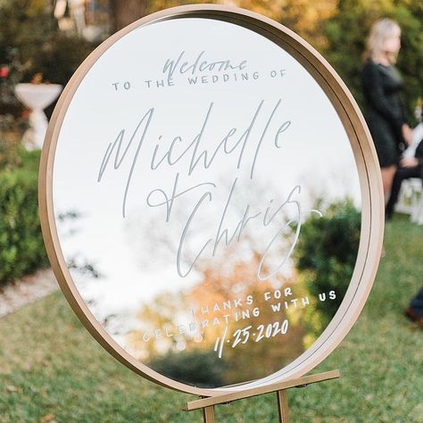 Round Mirror Wedding Welcome Sign, Round Mirror Welcome Sign Wedding, Circle Mirror Welcome Sign Wedding, Circle Mirror Wedding Sign, Round Wedding Sign, Mirror Signage, Mirror Wedding Signs, Wedding Chalk, Wedding Entrance Sign