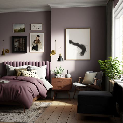 Dusty Bedroom Colors, Terracotta And Plum Bedroom, Masculine Mauve Bedroom, Light Purple Master Room, Lavender And Black Bedroom Ideas, Mauve Gothic Bedroom, Dusty Blue And Purple Bedroom, Adult Purple Bedroom, Mauve And Navy Bedroom