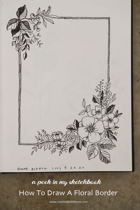 Flower Boder Degin, Plant Border Ideas Drawing, Floral Doodle Border, Flower Edge Border Drawing, Floral Sketches Design, Floral Journal Cover, Border Design For Cards, Border Painting Ideas, Floral Border Design For Project