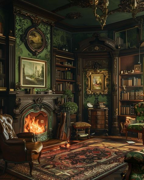 Stepping back in time with the opulence of dark green Victorian interiors. Every corner tells a tale of grandeur and sophistication. 🌿✨ . . . . . #plumnearlyprints #VictorianElegance #DarkGreenDecor #TimelessDesign #OrnateInteriors #VintageCharm #HistoricHome #InteriorInspiration #darkacademia #darkacademiavibes #darkacademiaaesthetic #darkacademiaart #darkaesthetic #moodyvibes #greenacademia #cozyacademia #sherlockholmes #cottagecore #cottagedecor #cottageliving #cottagehome #cozyhomes... Victorian Witch House Interior, Dark Victorian Homes Interior, Dark Green Victorian Bedroom, Dark Victorian Interior, Old English House Interior, Victorian Interior Design 19th Century, Victorian Study Room, Green Victorian House, Witch House Interior