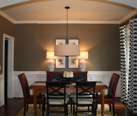 Sherwin Williams Dapper Tan  SW6144 for Dining Room - Also note light fixture. Tan Sherwin Williams, Best Dining Room Colors, Dining Room Wall Color, Dining Room Paint Colors, Green Dining Room, Room Wall Colors, Dining Room Paint, Decor Color Schemes, Dining Room Remodel