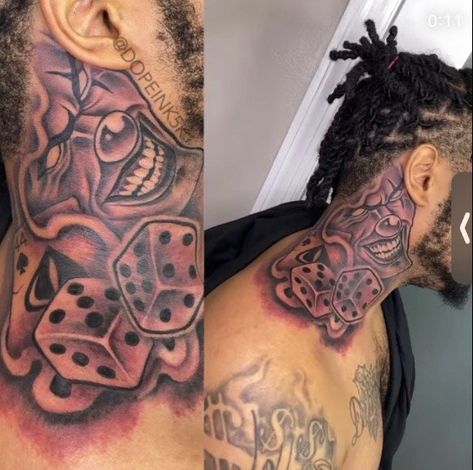 Trap Tattoos Men Neck, Urban Neck Tattoos, Dope Neck Tattoos For Men, Neck Tattoos For Men Black, Hood Neck Tattoo For Guys Stencil, Middle Neck Tattoo, Neck And Throat Tattoos Men Hood, Black Men Neck Tattoo Ideas, Men's Side Neck Tattoos