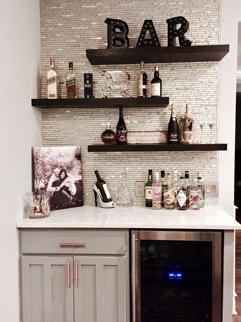 Small Bar Room Ideas In House Modern, Small Bar With Shelves, Decorating Home Bar, Farmhouse Alcohol Bar, Above The Bar Decor, In Home Bar Decor, Mini Bar Basement Ideas, Tv Wall Floating Shelves Living Room, Mini Bar Wall Ideas