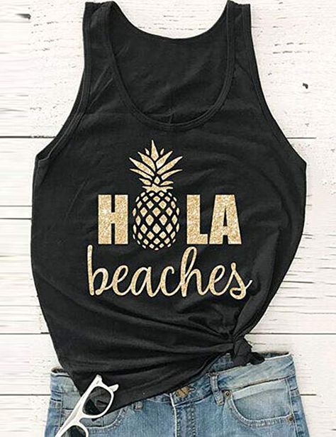 PRICE  : $14.99 , #trendind #trendy #tanktops #beach  ZJP Women Casual Hola Beaches Letter Print Tanks Shirt Pineapple Print Tops Tee: Clothing Hola Beaches, Bachelorette Tanks, Womens Tank Tops Summer, Beach Tanks Tops, Boho Style Tops, Aloha Beaches, Bride Shirt, Funny Tank Tops, Bride Shirts