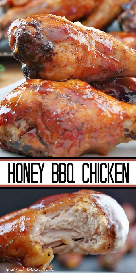 This contains: Collage of honey bbq chicken drumsticks on plate at top and closeup shot of drumstick with bite taken out at bottom. Bbq Chicken Stovetop, Stove Top Bbq Chicken, Honey Barbeque Chicken, Barbecue Chicken Drumsticks, Honey Barbeque Sauce, Honey Barbecue Chicken, Sweet Bbq Chicken, Chicken Recipe For Dinner, Bbq Chicken Drumsticks