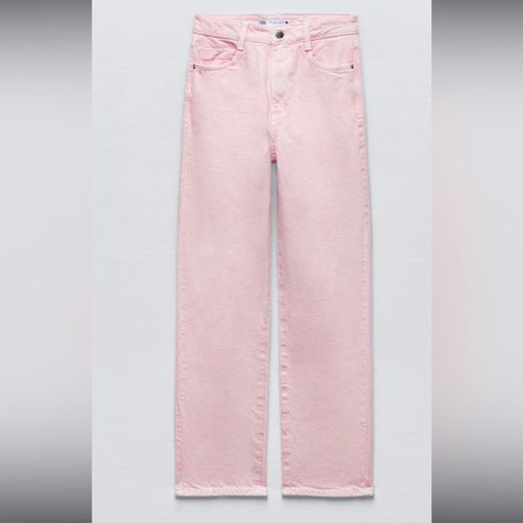 New With Tags // Sold Out Style Zara High Rise Pink Straight Leg Jeans Pink Straight Leg Jeans, Zara Mom Jeans, Light Pink Jeans, Leopard Print Jeans, Cream Jeans, Beige Jeans, Frayed Jeans, School Clothes, Comfortable Jeans