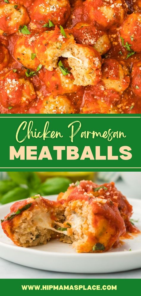 These homemade Chicken Parmesan Meatballs are light and flavorful with a fresh basil taste. The cheese in the middle is a fun surprise and gives these #meatballs their Parmesan name. An easy stuffed meatball recipe perfect for any season of the year! #chickenparmesanmeatballs #chickenrecipes #easyrecipes #dinnerideas #chickenmeatballs #cheesychickenmeatballs #dinner #maindishes #hipmamasplace Chicken And Mozzarella Balls Recipes, Chicken Meatballs Dinner Meals, Ground Chicken Parmesan Meatballs, Chicken Parmigiana Meatballs, Homemade Chicken Meatballs, Friday Night Dinner Ideas For Two, Chicken Parmesan Meatballs Recipe, Chicken Meatball Recipe Main Dishes, Crockpot Chicken Meatballs